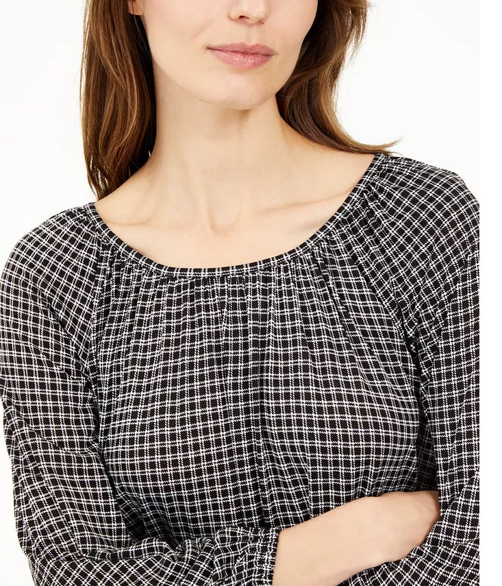 Michael Kors Women's Check-Print Peasant Top Regular & Petite Black Size Large