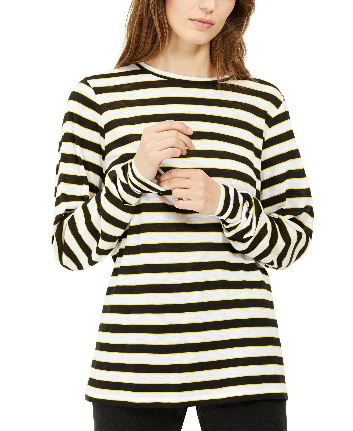 Michael Kors Women's Striped Long-Sleeve Top Gold White Size Medium