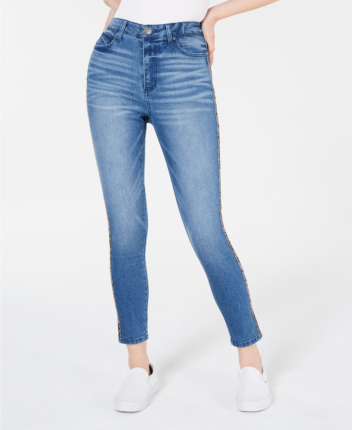 Tinseltown Juniors' Animal-Print Side-Stripe Skinny Jeans Blue Size 1