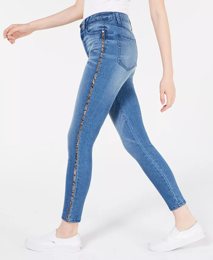 Tinseltown Juniors' Animal-Print Side-Stripe Skinny Jeans Blue Size 1