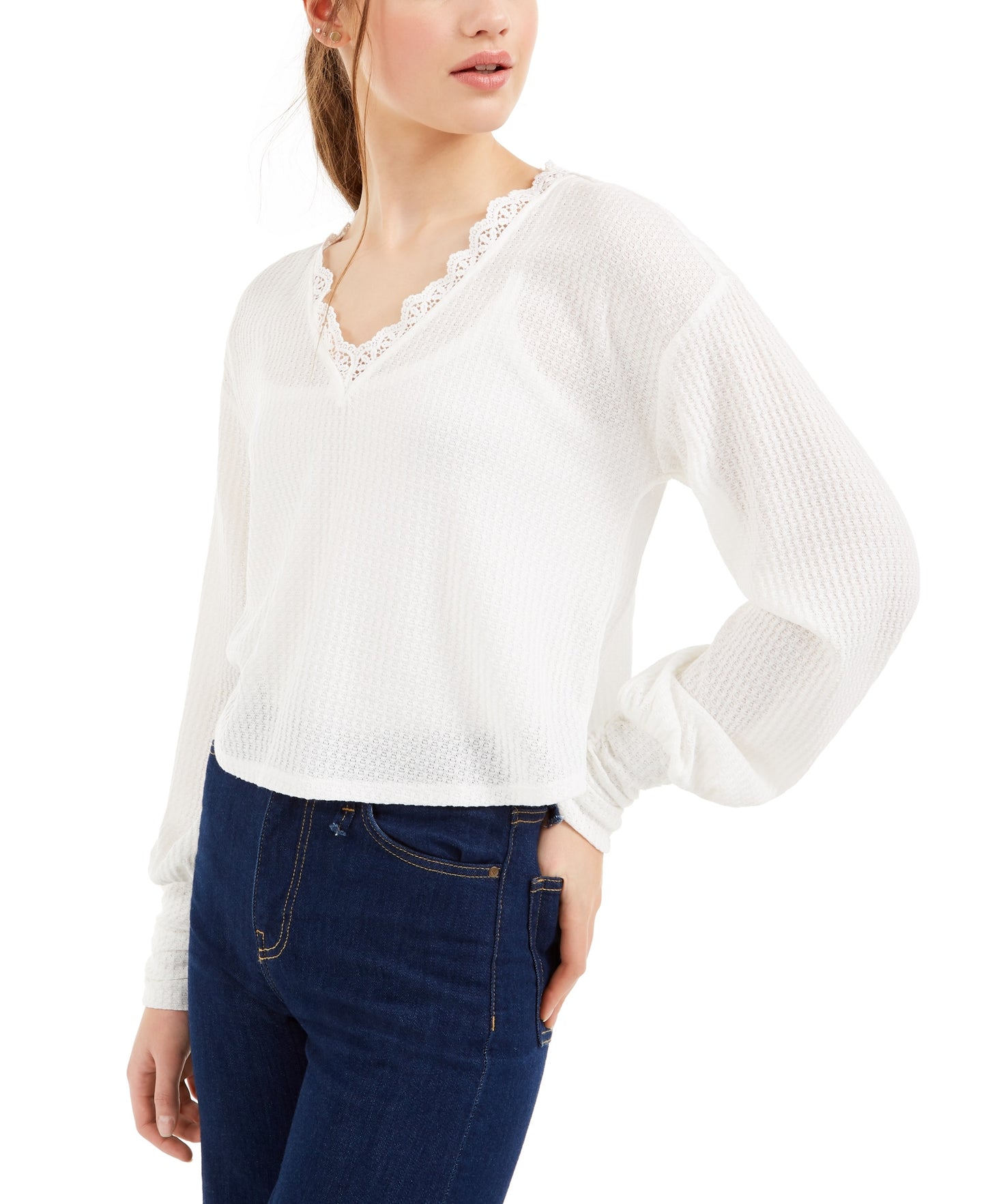 Love Fire By Topson Juniors' Lace Trim Thermal Top White Size Large