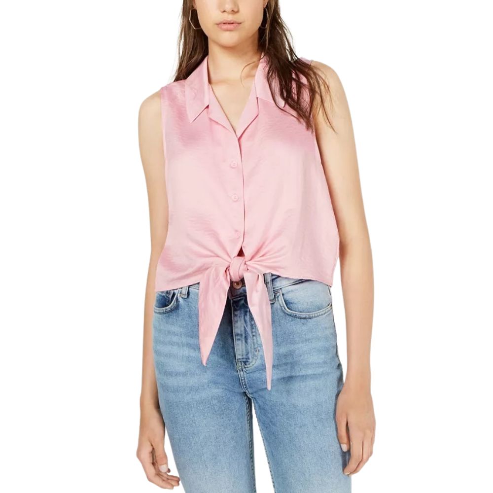 Love Fire Junior's Tie Waist Button Front Cropped Tank Top Pink Size Large