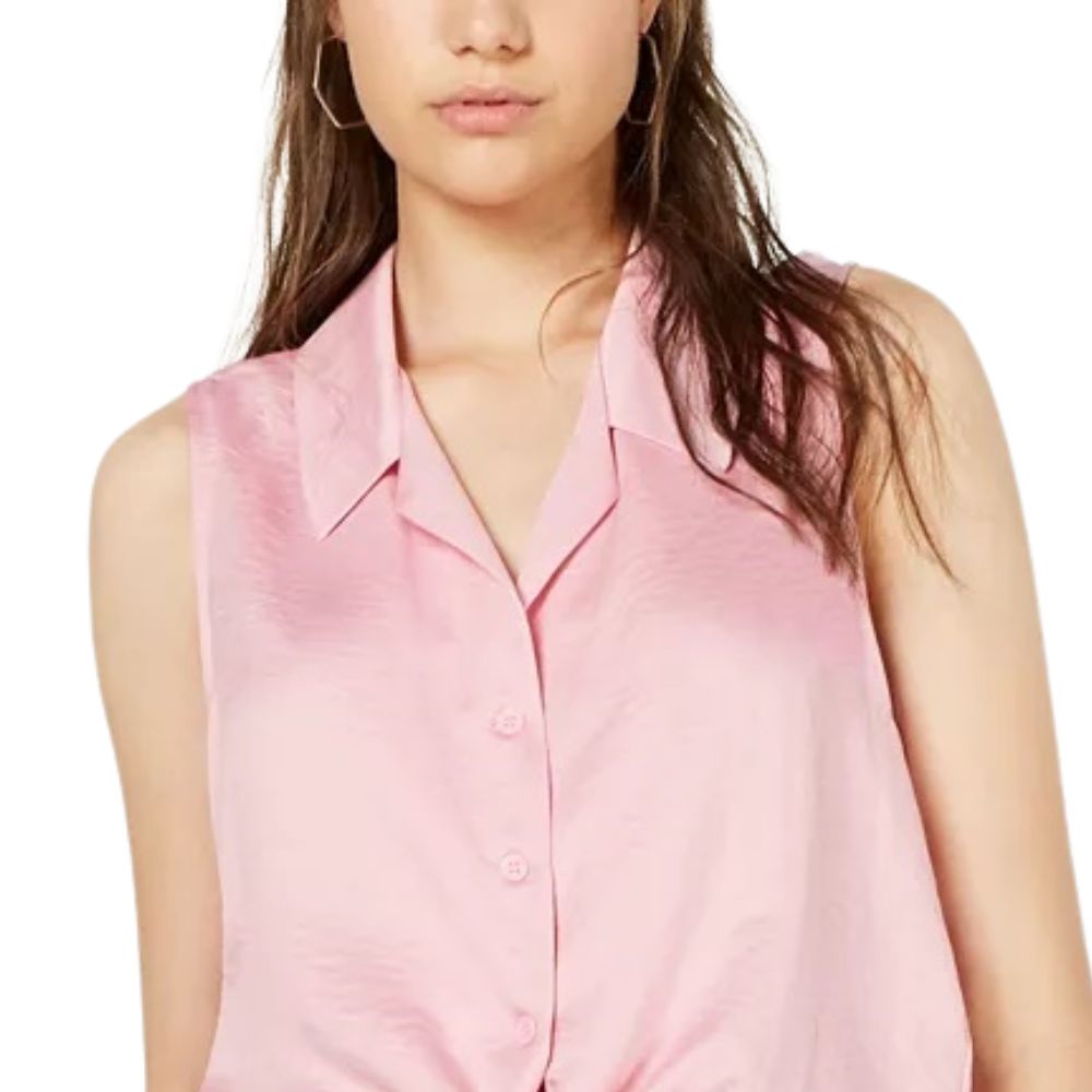 Love Fire Junior's Tie Waist Button Front Cropped Tank Top Pink Size Large