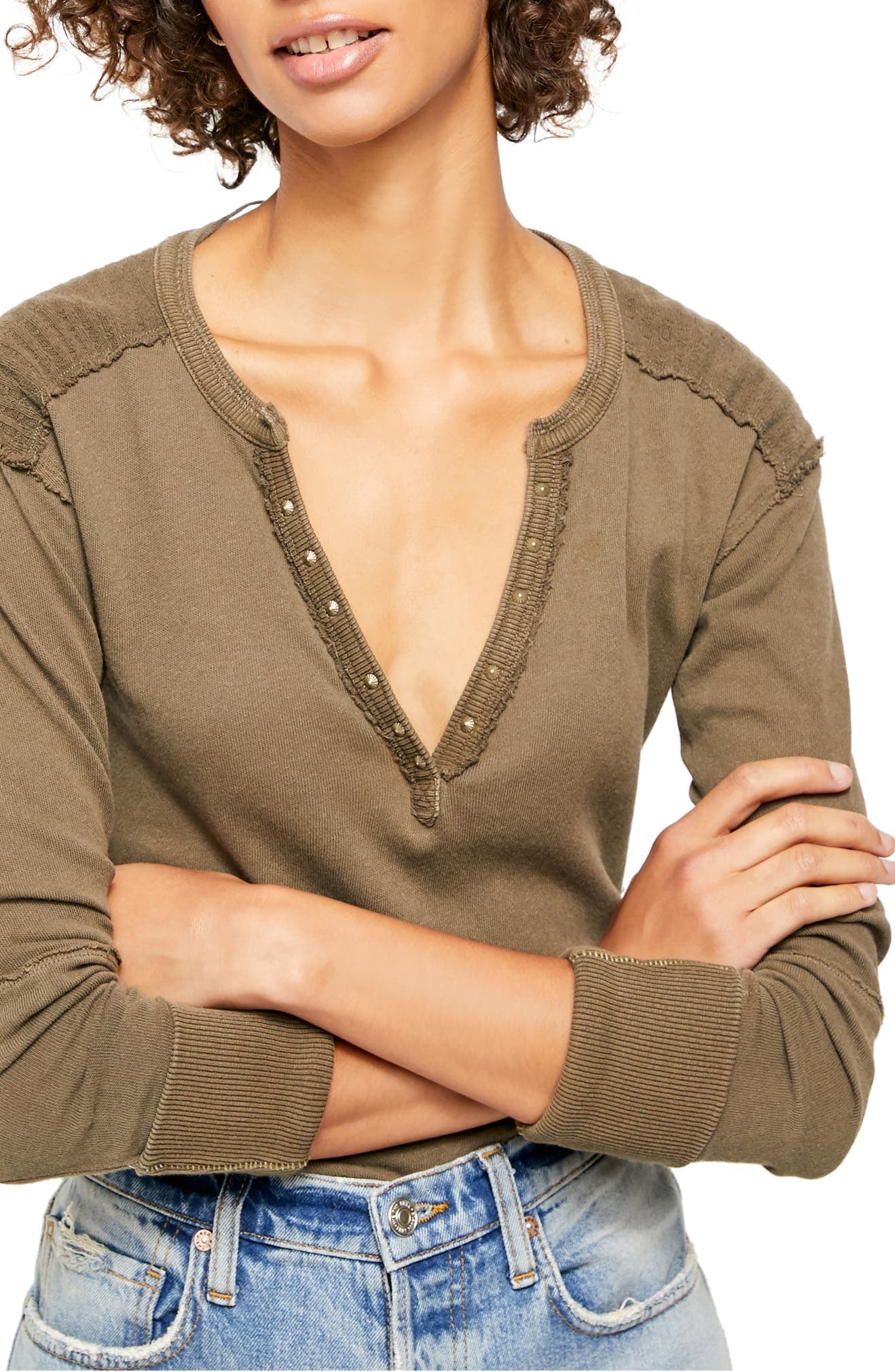 Free People Women's Military Mix Henley  Green Size Extra Small