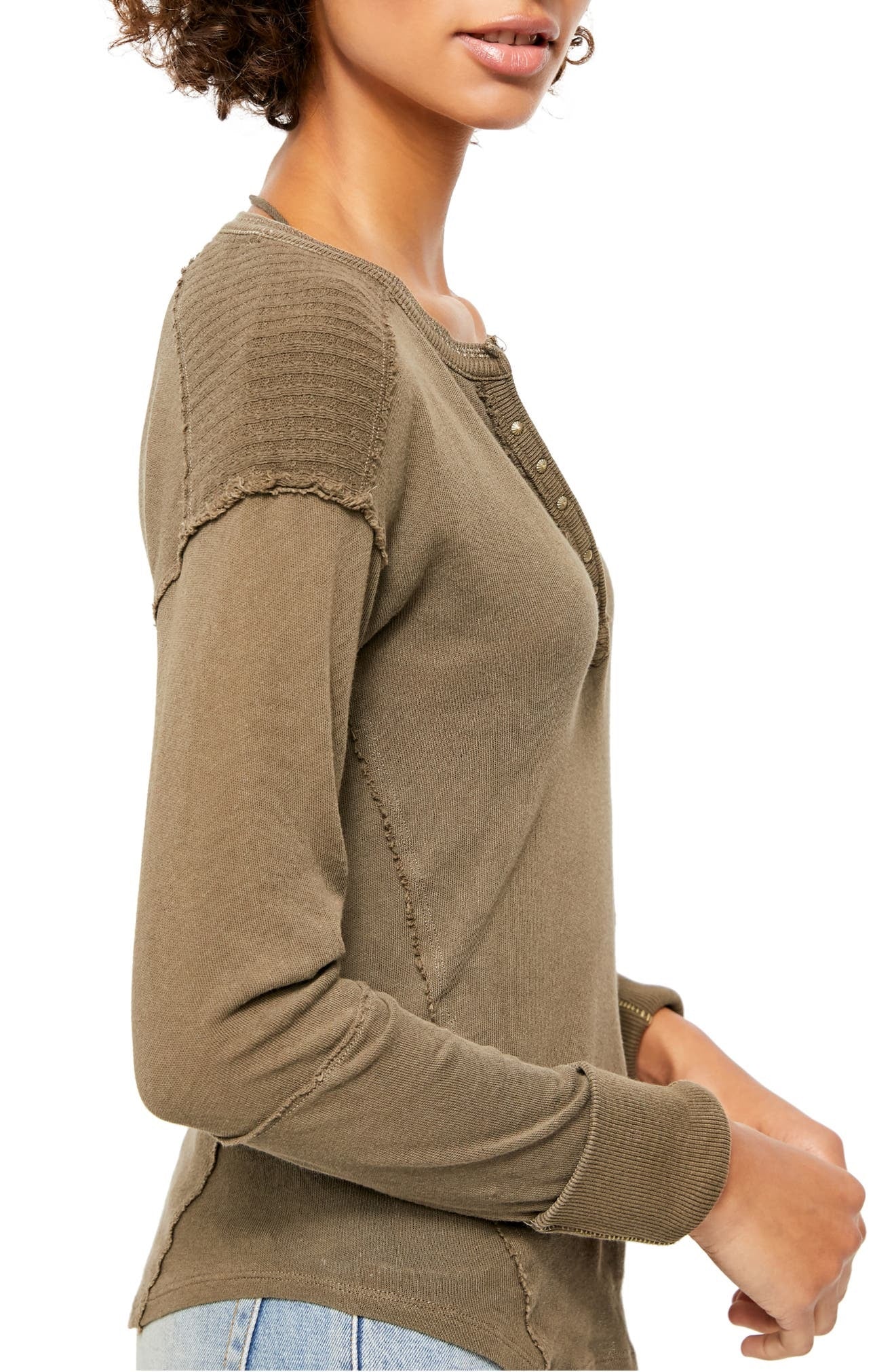 Free People Women's Military Mix Henley  Green Size Extra Small