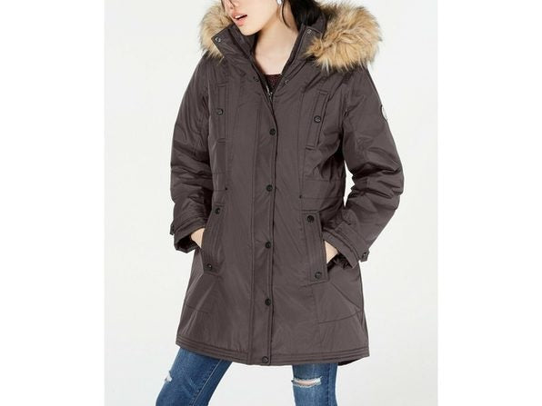 Madden Girl Junior's Faux-Fur-Trim Hooded Puffer Coat Olive Size Medium