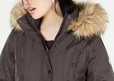 Madden Girl Junior's Faux-Fur-Trim Hooded Puffer Coat Olive Size Medium