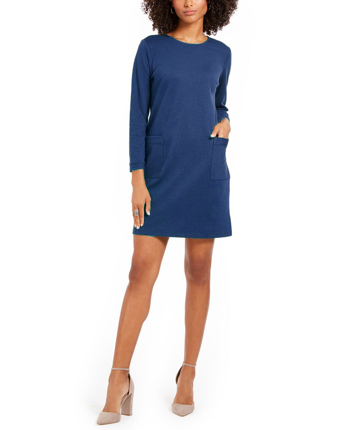 NY  Collection Women's Petite Patch-Pocket Shift Dress Blue Size Large