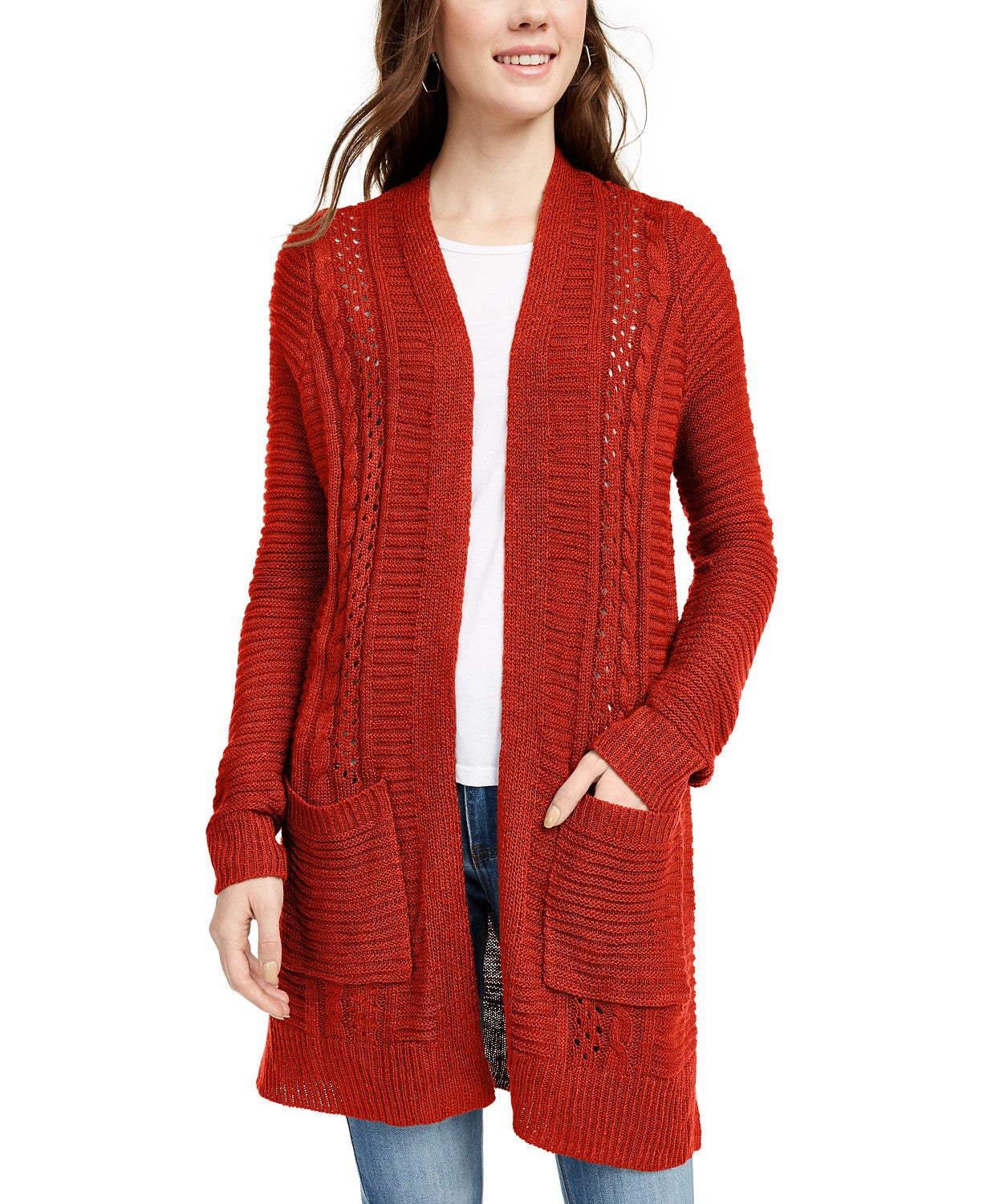 Pink Rose Juniors' Eyelet Long Cardigan Red Size Extra Large