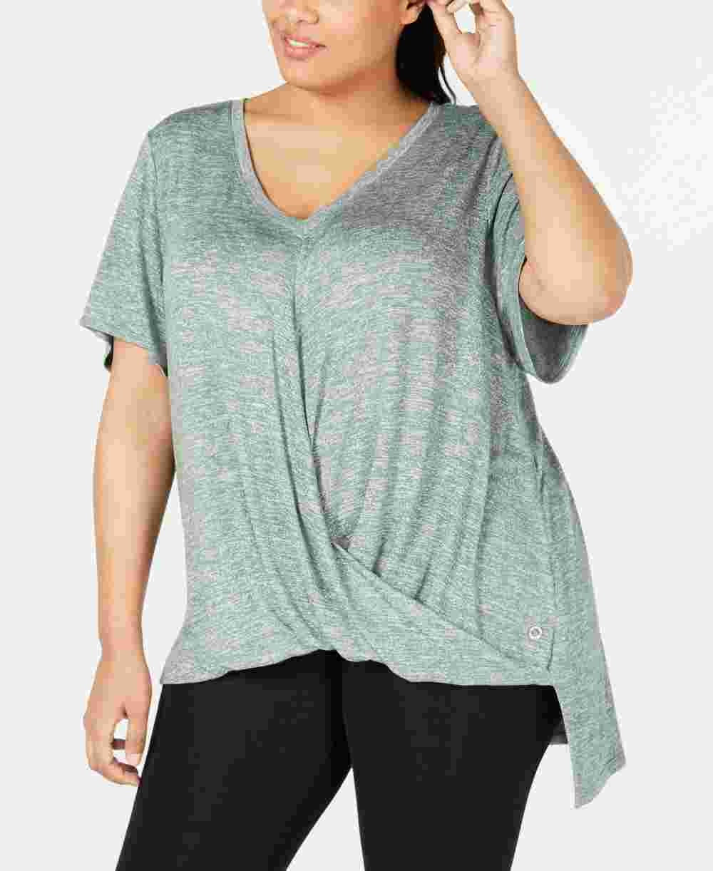 Calvin Klein Women's Heather Short Sleeve V Neck T-Shirt Top Green Size 2X