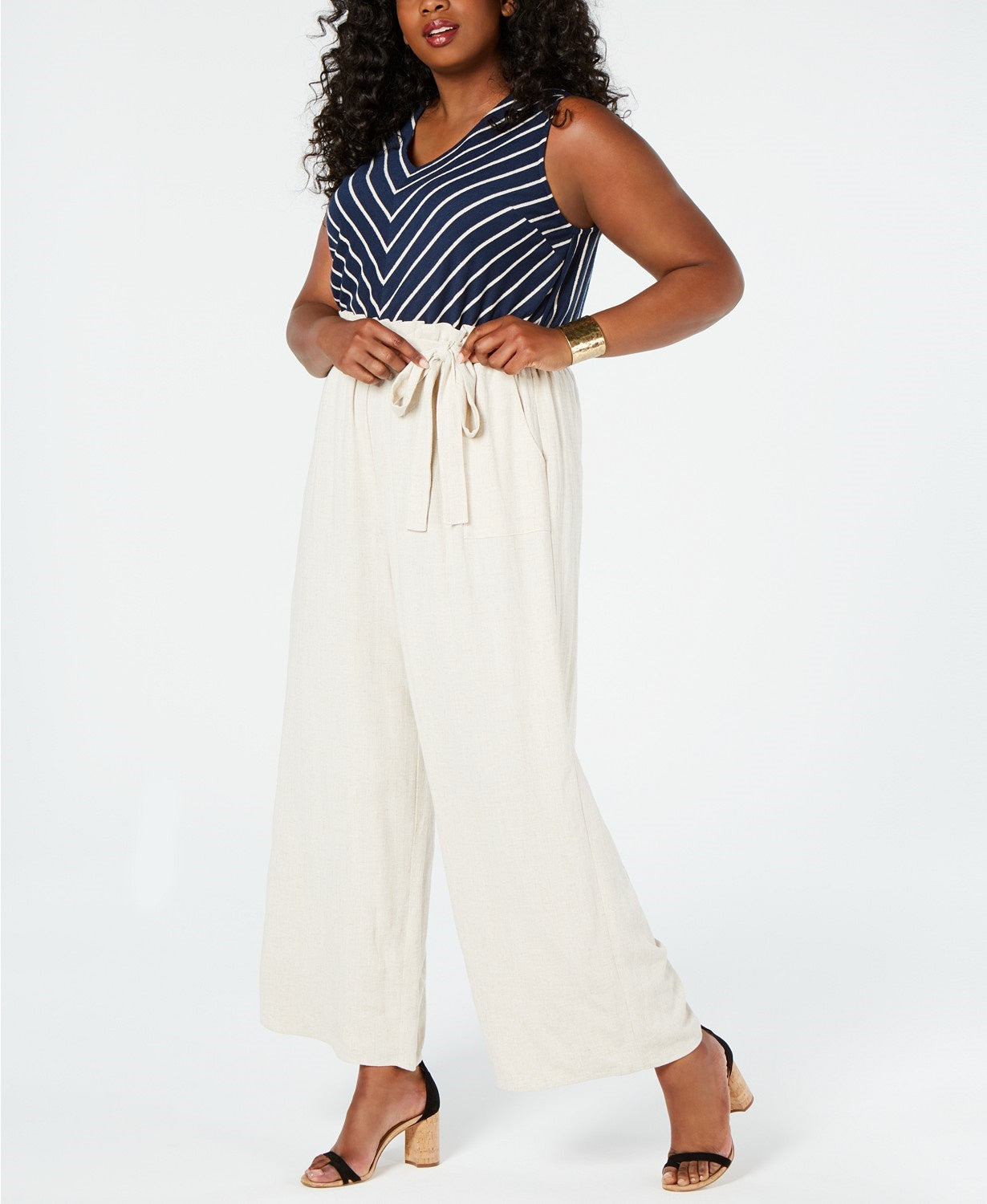 Monteau Juniors' Plus Size Striped Top & Paperbag-Pant Jumpsuit Navy Size 2X