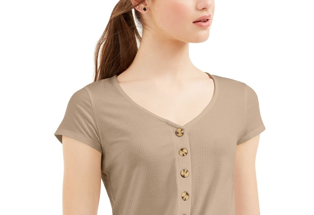 Pink Rose Juniors' Ribbed Tie-Front Top Mocha Frappe Size Small