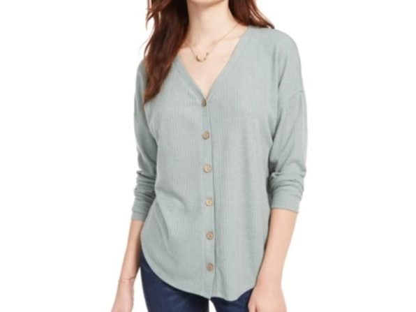 Hippie Rose Juniors' Tie-Front Button-Up Top Green Size Medium