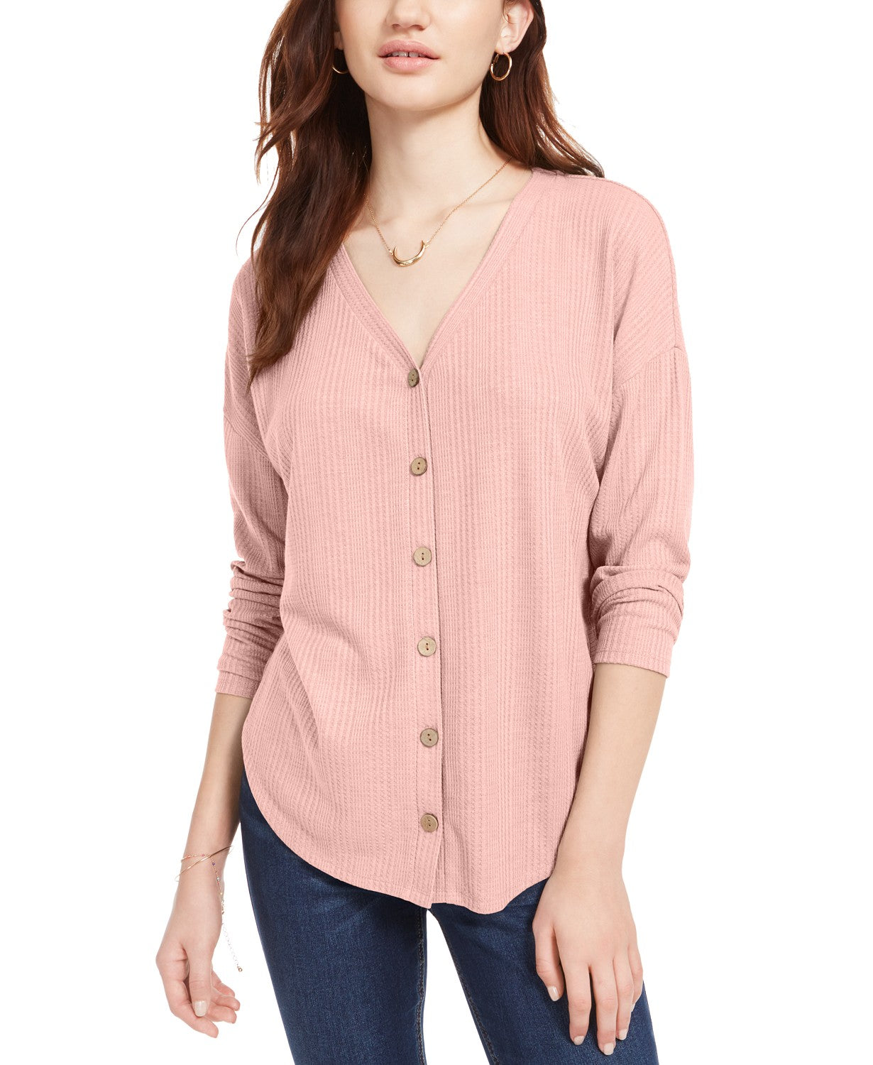 Pink Rose Hippie Rose Juniors' Tie-Front Button-Up Top Pink Size Small