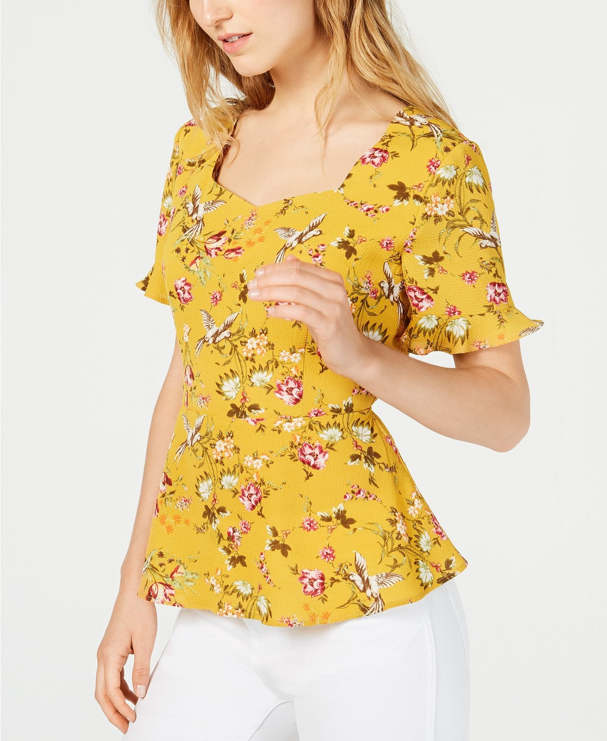 Monteau Women's Petite Ruffle-Trim Peplum Top Mustard  Size Petite Large