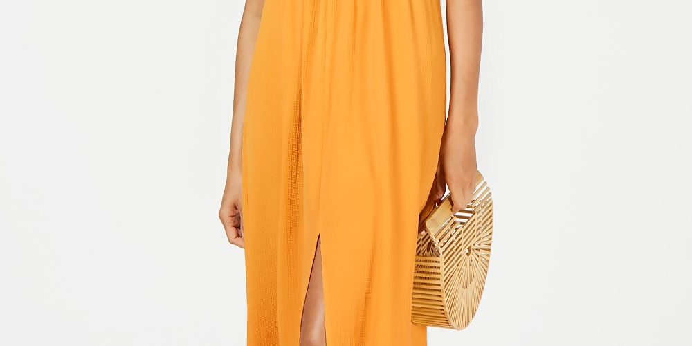 Monteau Women's Petite Split-Hem A-Line Maxi Dress Yellow Size Petite X-Large