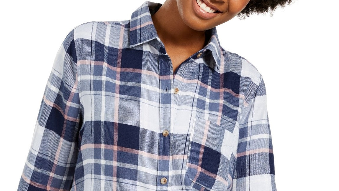 Polly & Esther Juniors'  Plaid Utility Shirt Blue Size Small