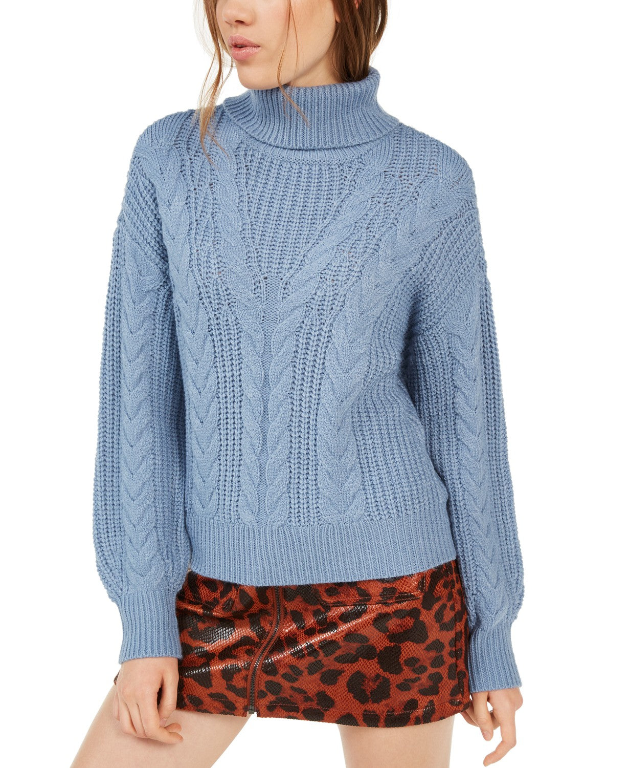 Crave Fame Women's  Juniors' Turtleneck Cable Knit Sweater Blue Size Large
