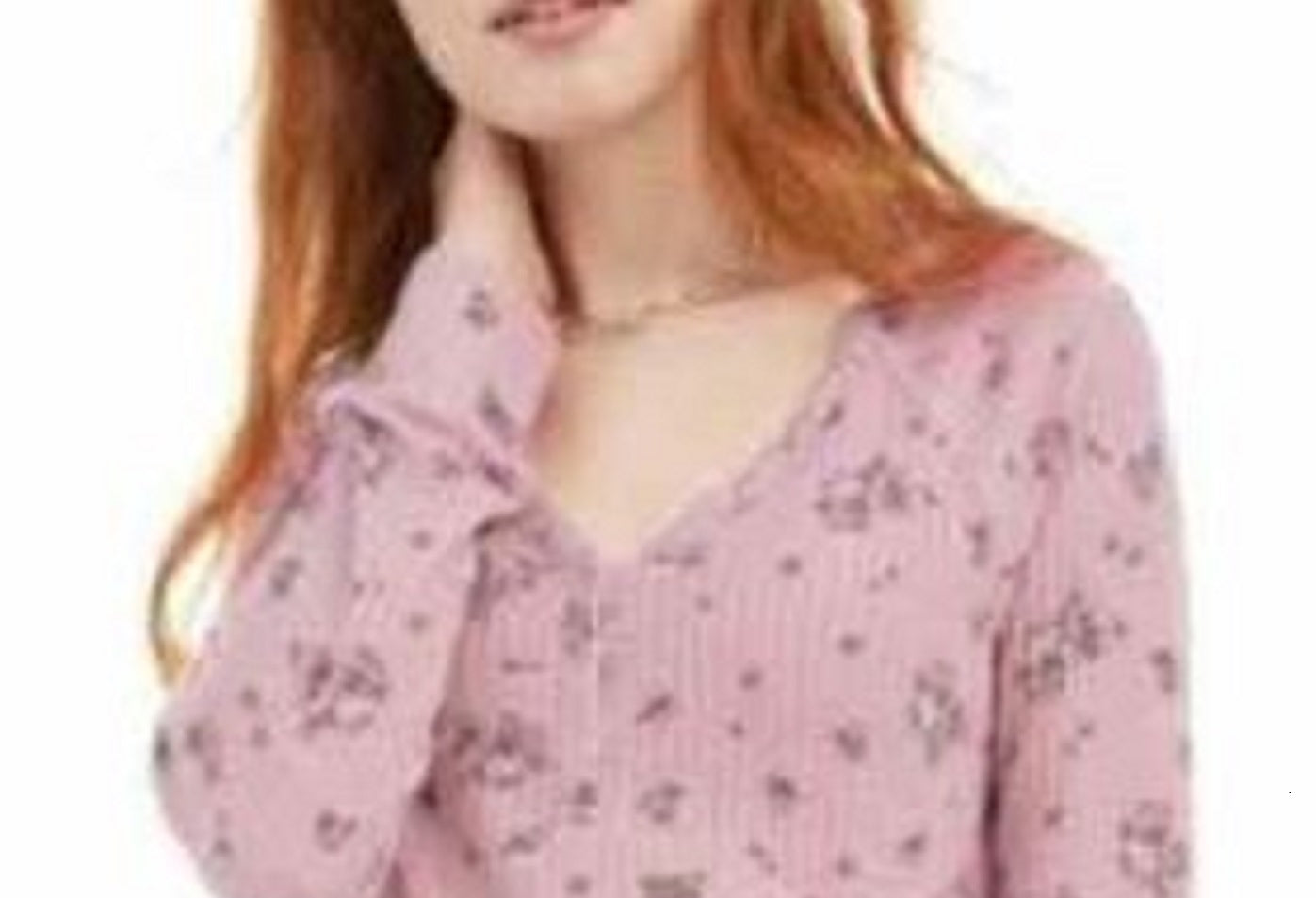 Ultra Flirt Juniors' Floral Print Waffle Texture Henley Top Pink Size Small