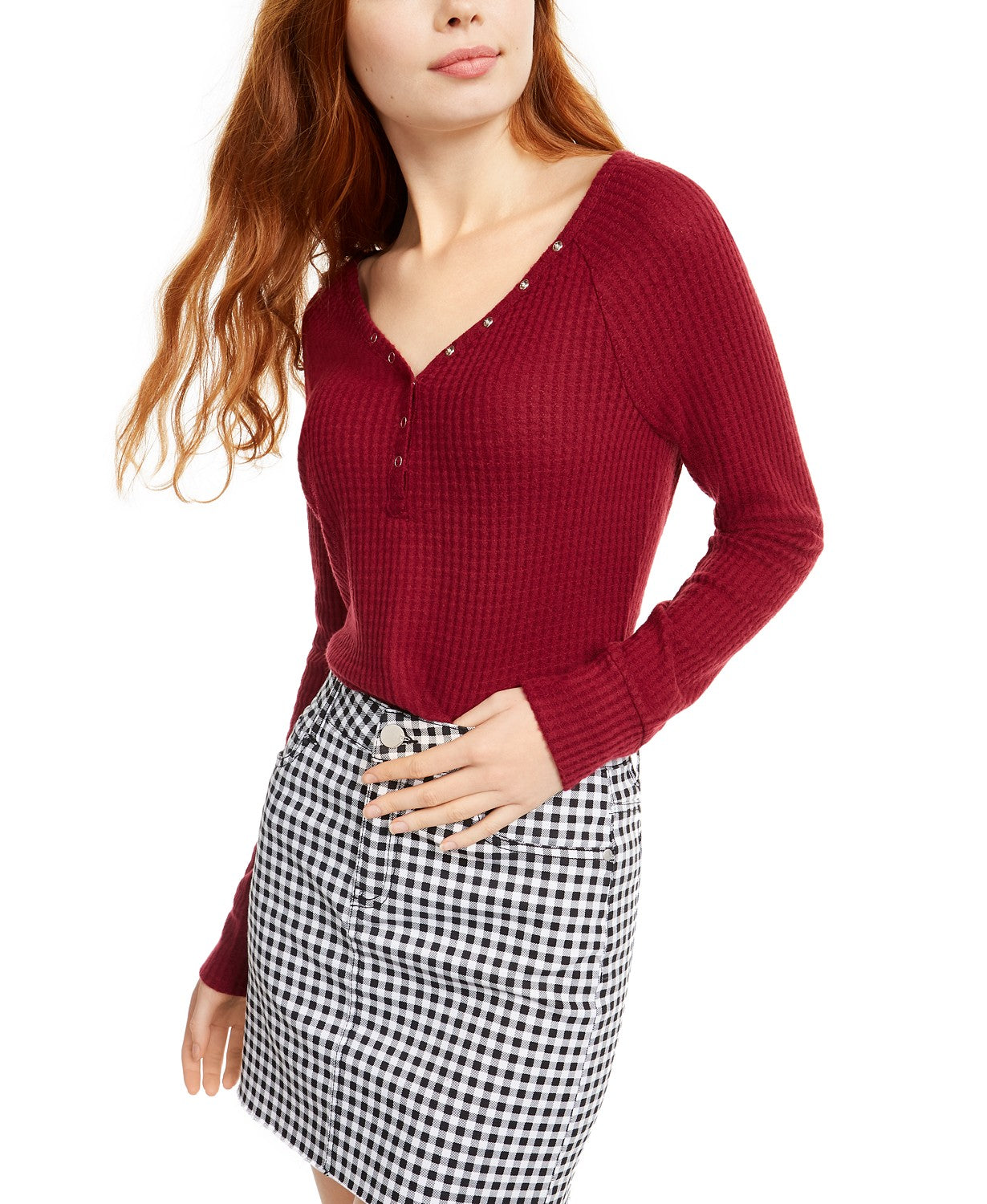 Ultra Flirt Juniors' Cozy Waffle-Knit Henley Top Red Size X-Small
