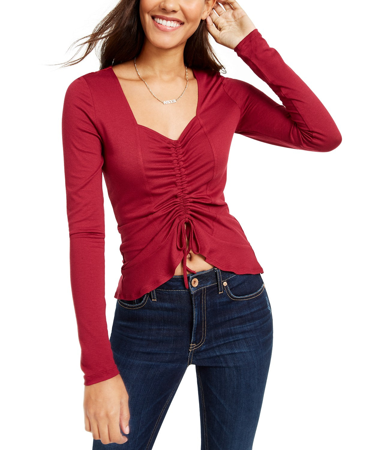 Ultra Flirt Juniors' Cinched-Front Cropped Top Dark Red Size Medium