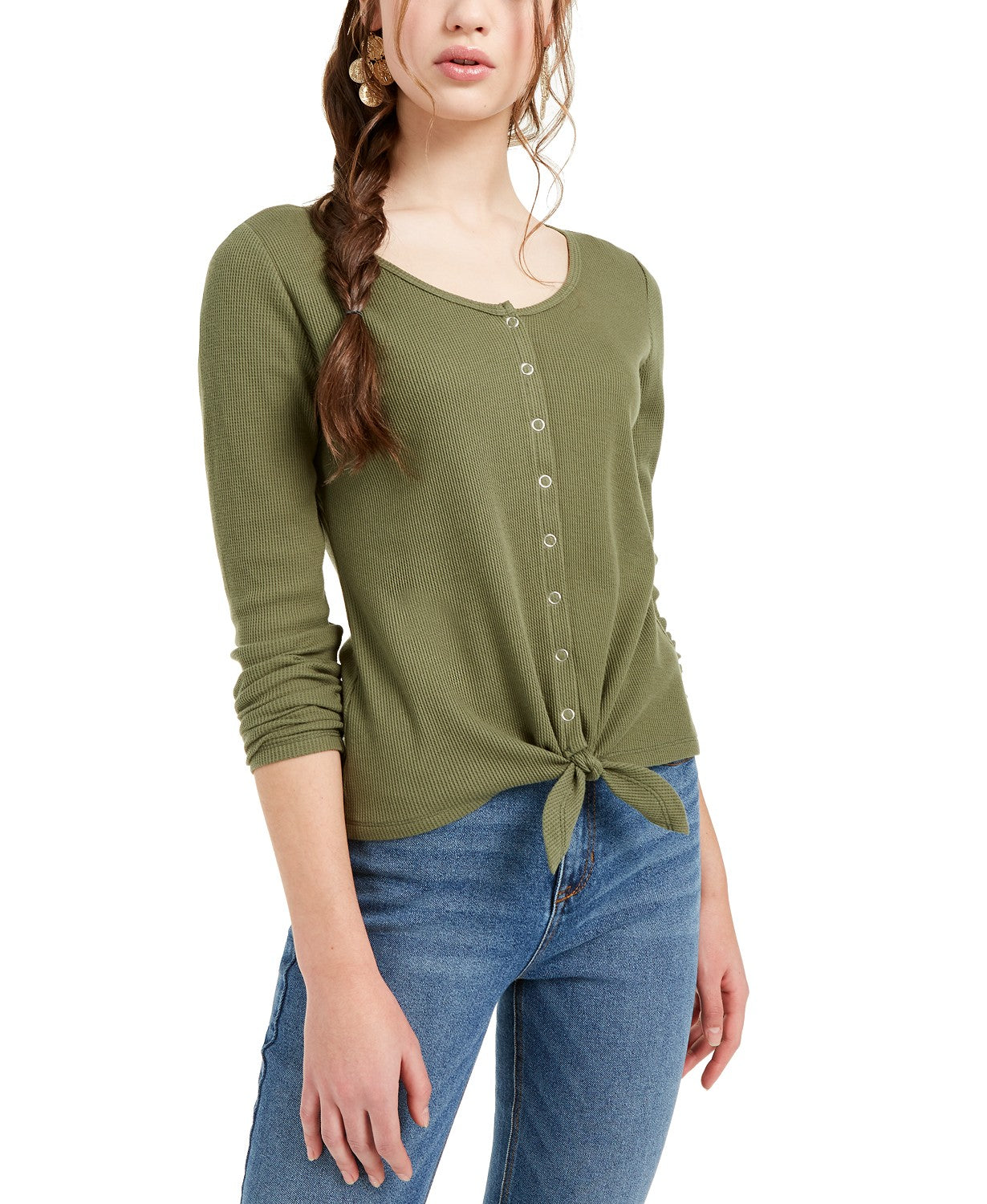 Ultra Flirt Juniors' Tie-Hem Thermal Top Green Size Extra Large