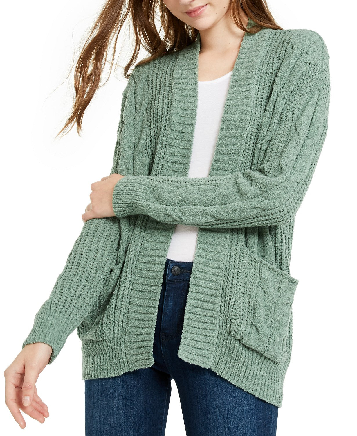 Ultra Flirt Juniors' Mixed-Knit Chenille Cardigan Green Size X-Large