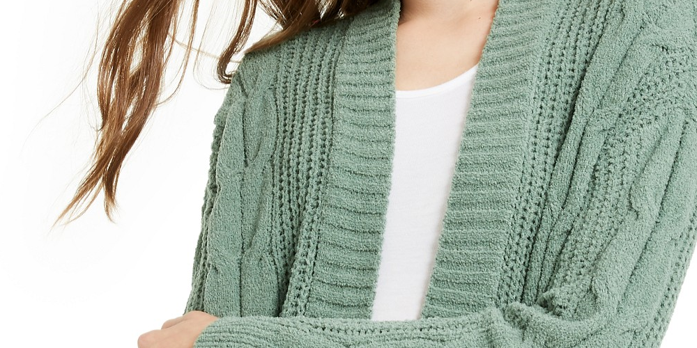 Ultra Flirt Juniors' Mixed-Knit Chenille Cardigan Green Size X-Large