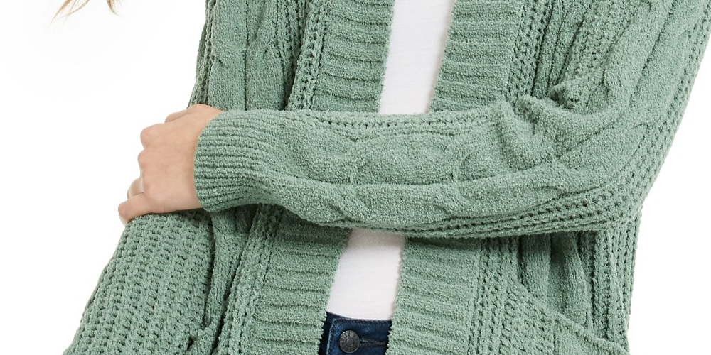 Ultra Flirt Juniors' Mixed-Knit Chenille Cardigan Green Size X-Large