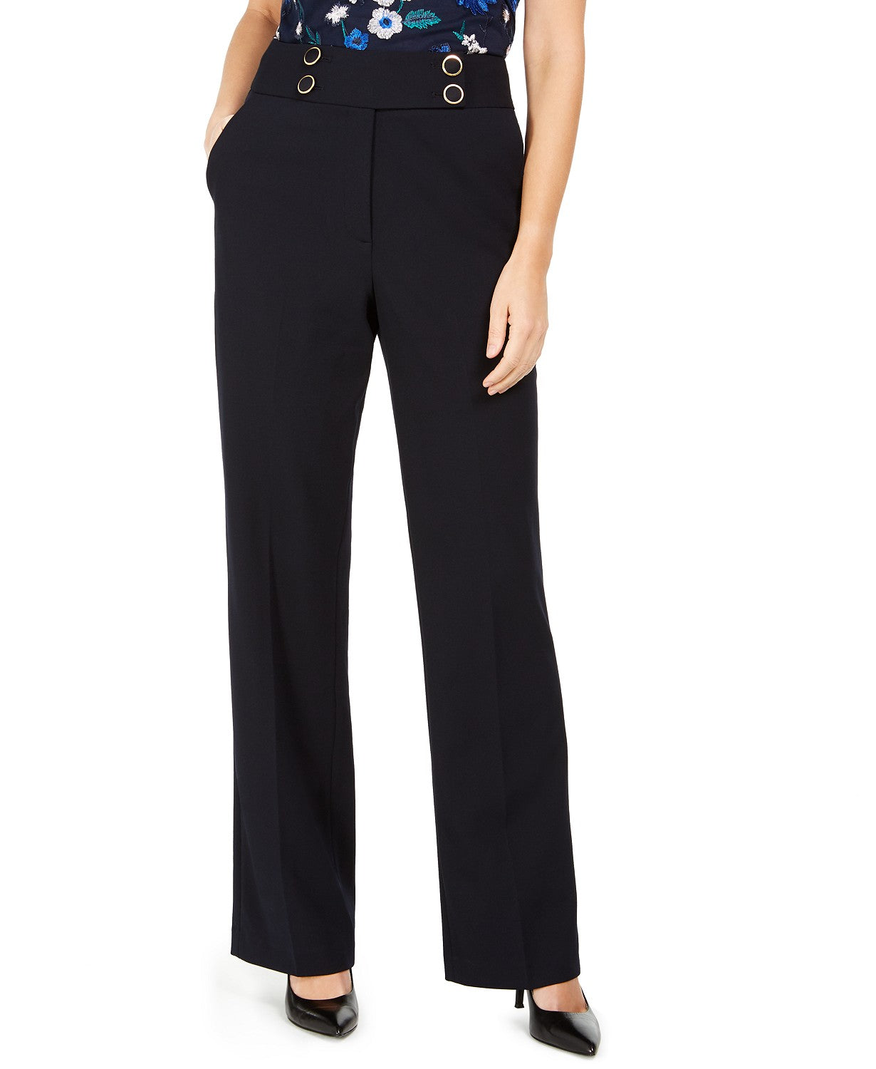 Calvin Klein Women's High-Rise Buttoned-Waist Dress Pants Navy Size 6