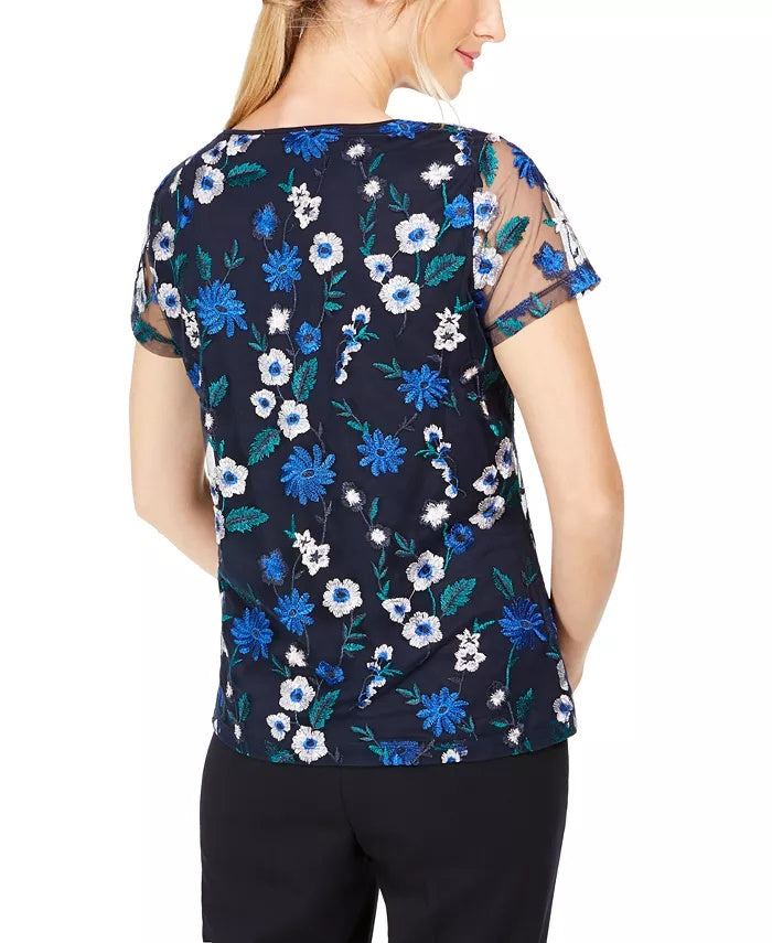 Calvin Klein Women's Floral Embroidered Mesh Top Blue Size Extra LARGE