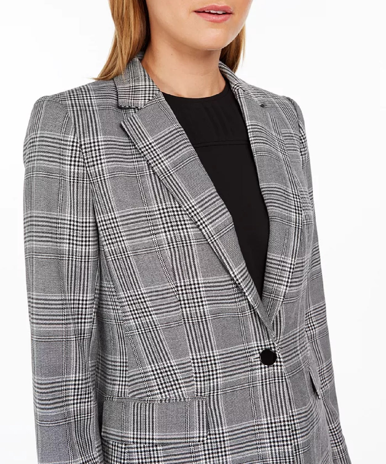 कैल्विन क्लेन वुमन प्लेड वन-बटन ब्लेज़र ग्रे साइज़ 16