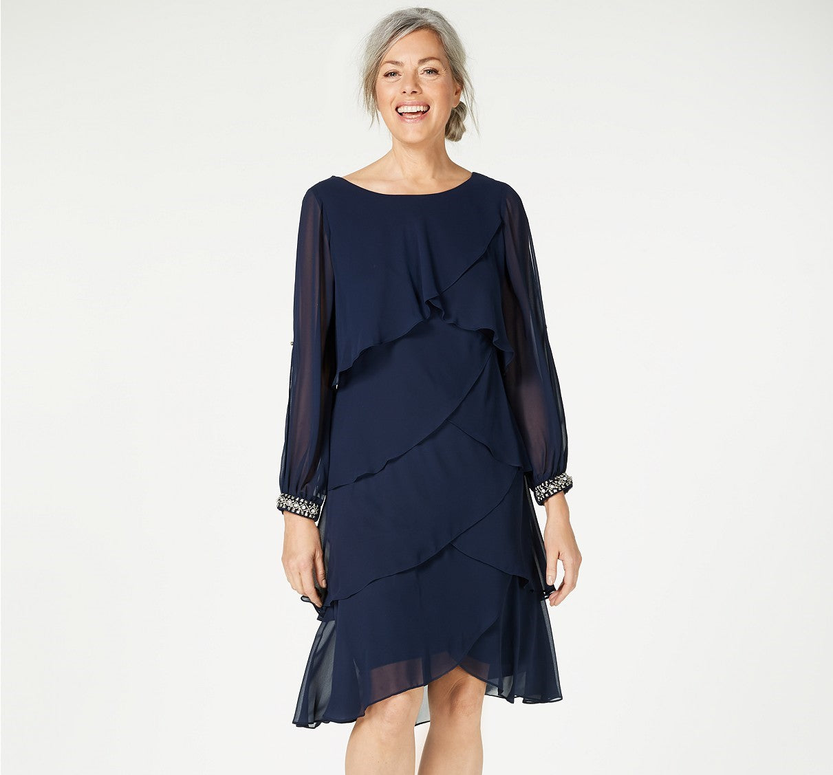 Sl Women's Fashions Long-Sleeve Tiered Chiffon Dress Navy Size 12