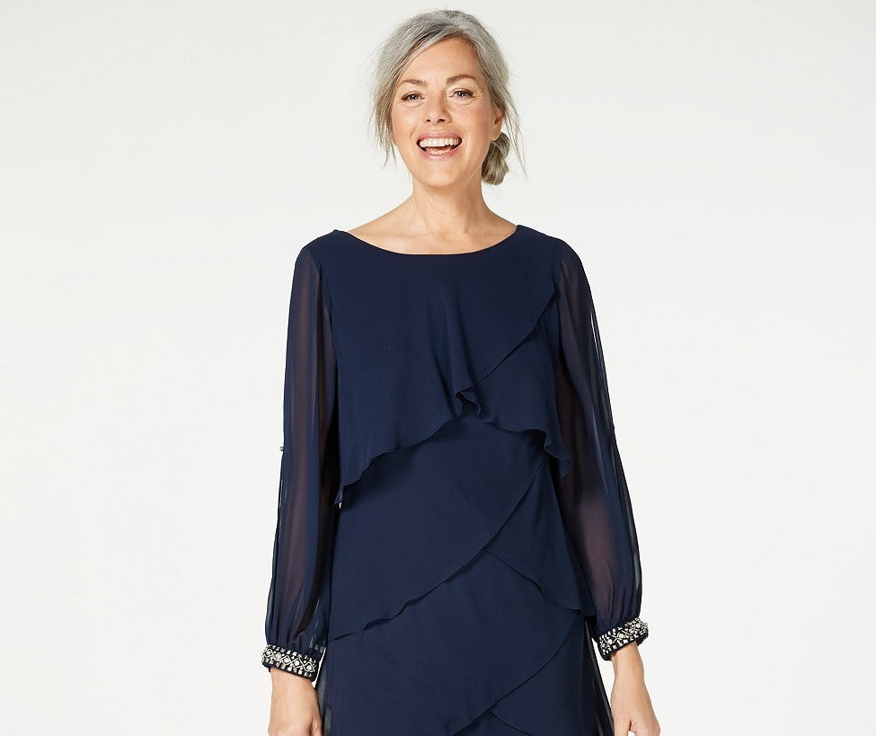 Sl Women's Fashions Long-Sleeve Tiered Chiffon Dress Navy Size 12