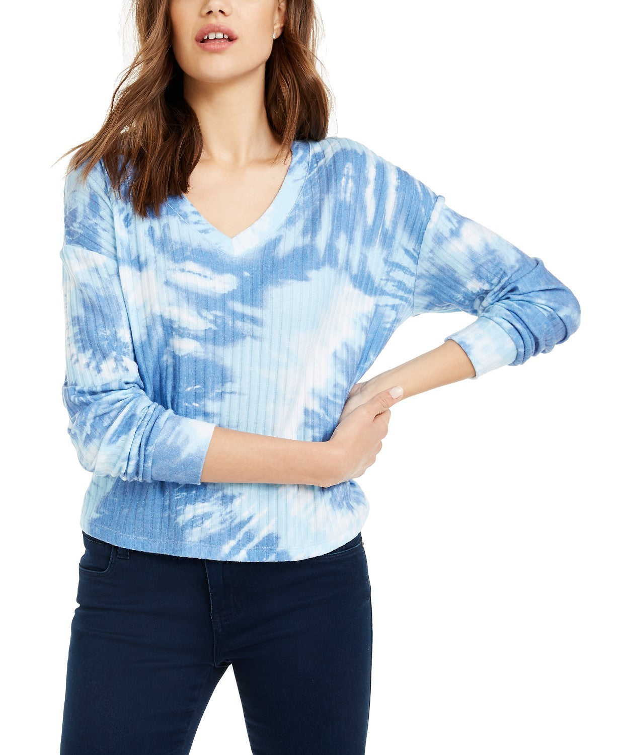 Crave Fame Junior's Cozy Ribbed Tie-Dyed Top Blue Size Extra Small