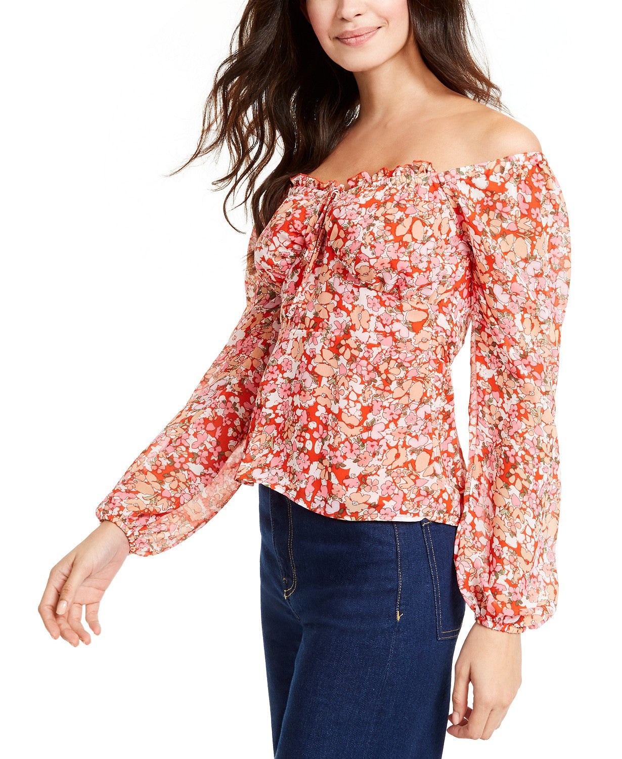 Q & A Women's Floral-Print Off-The-Shoulder Top Red Size X-Large
