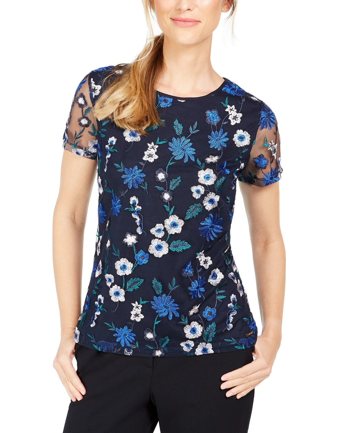 Calvin Klein Women's Petite Floral-Embroidered Top Blue Size Petite XS