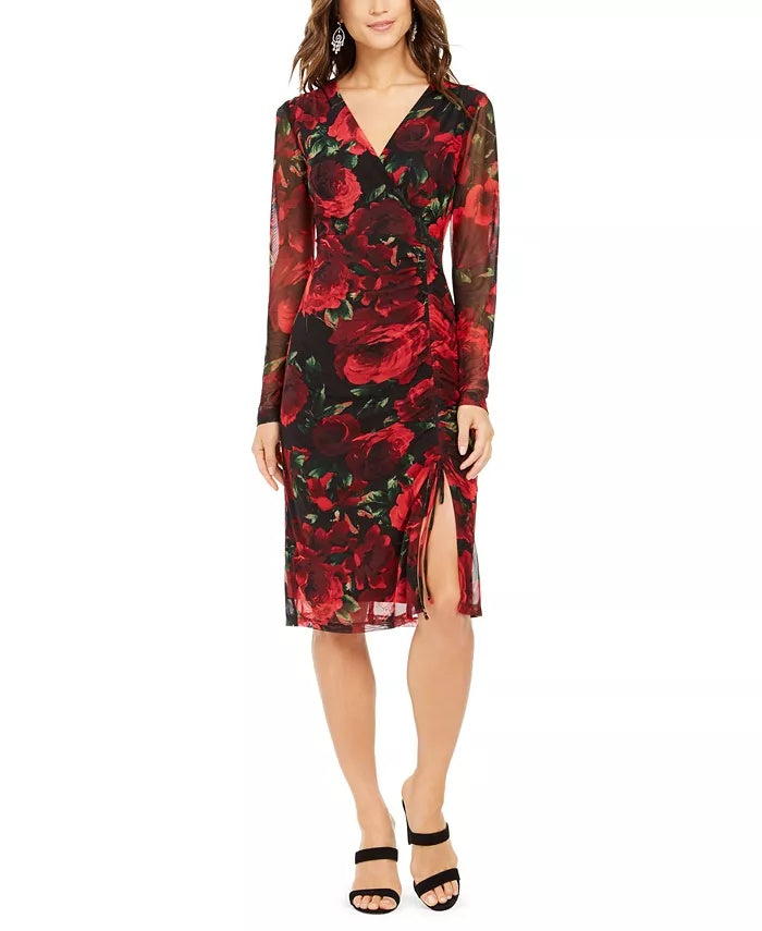 Connected Women's Long-Sleeve Mush Ruched Midi Dress Red Size 14