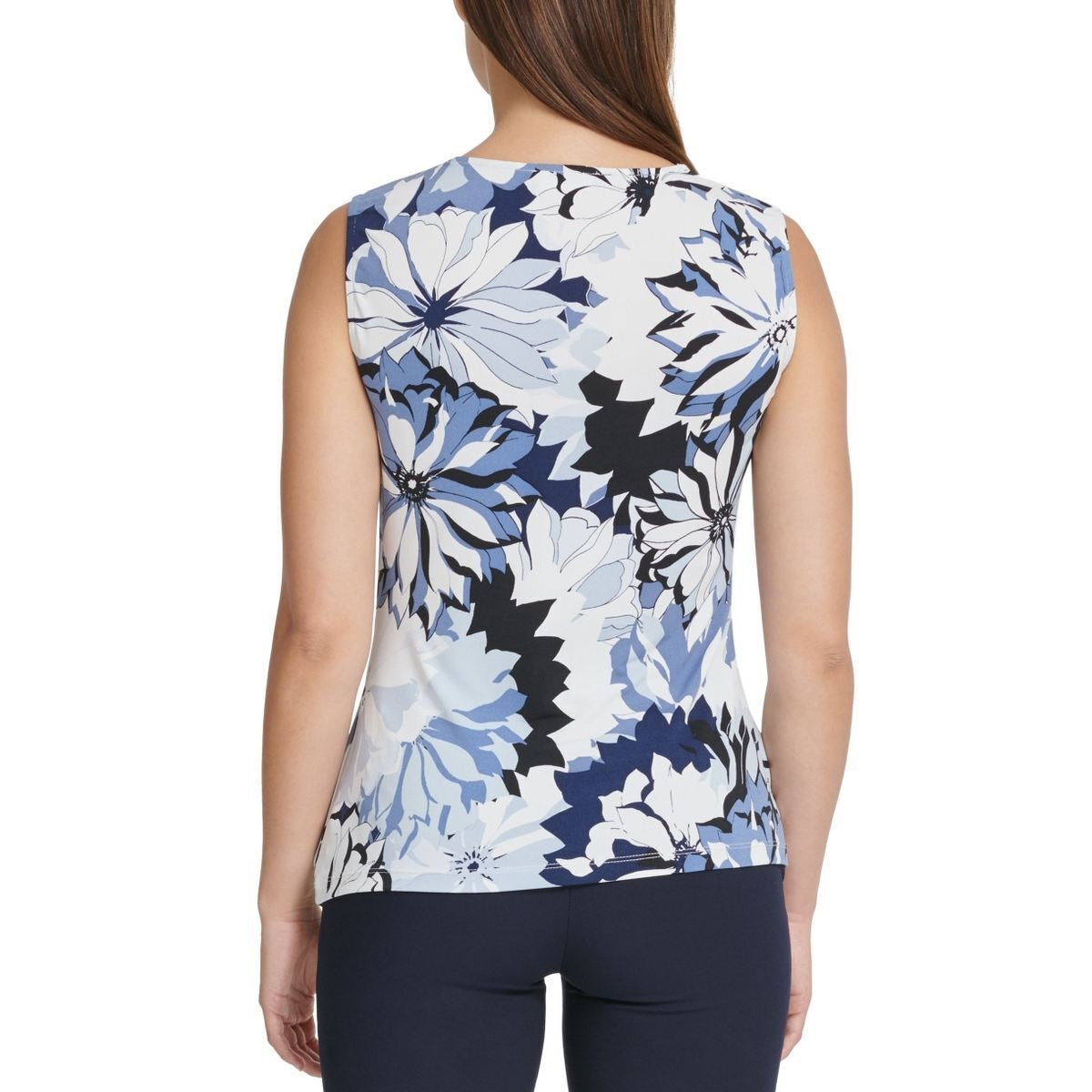 DKNY Women's Floral-Print Side-Knot Top Blue Size Small