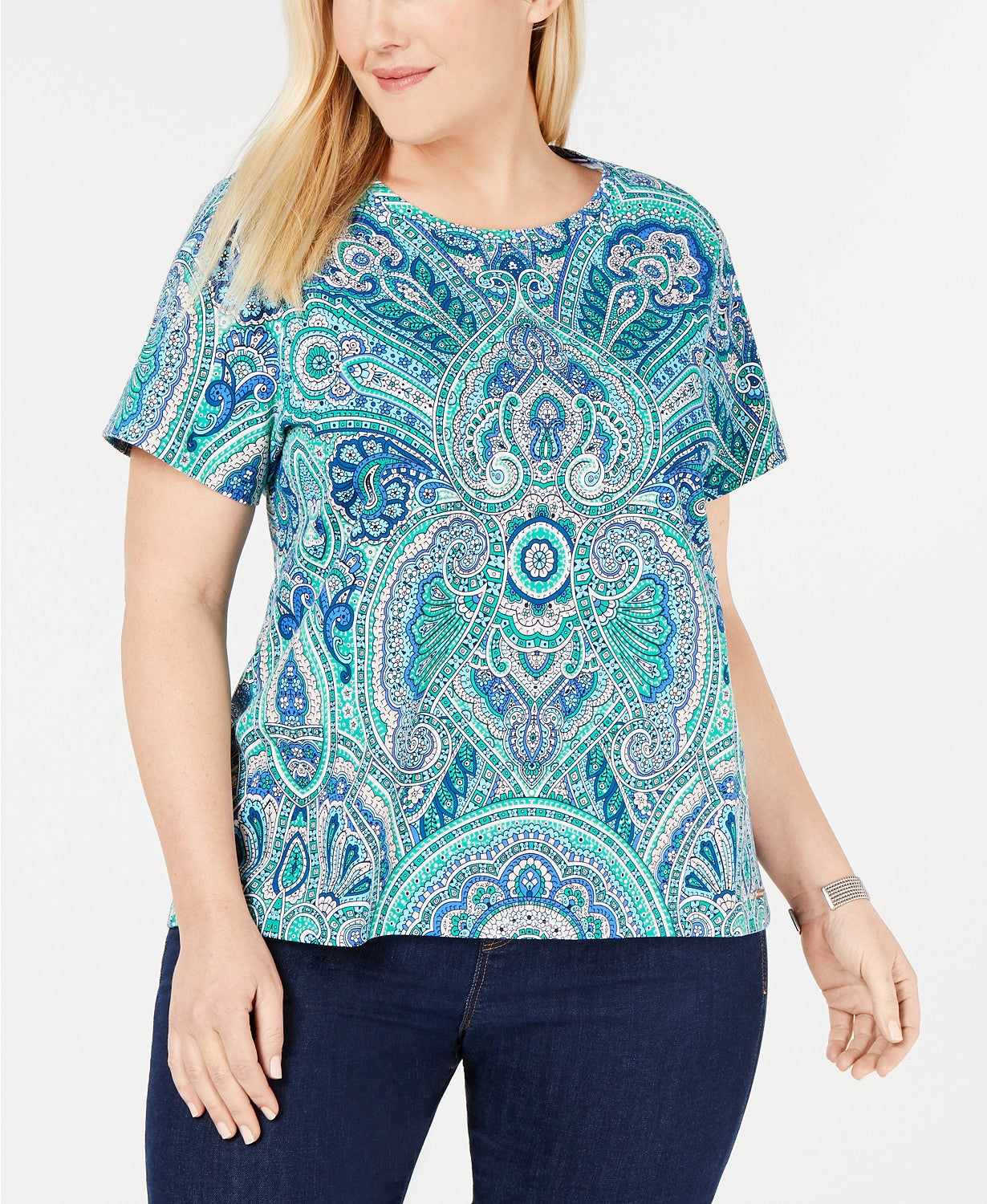 Tommy Hilfiger Women's Plus Size Paisley-Print T-Shirt  Green Size 2X