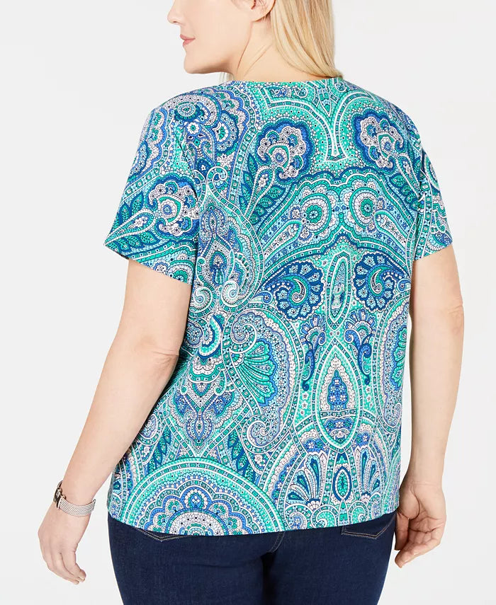 Tommy Hilfiger Women's Plus Size Paisley-Print T-Shirt  Green Size 2X