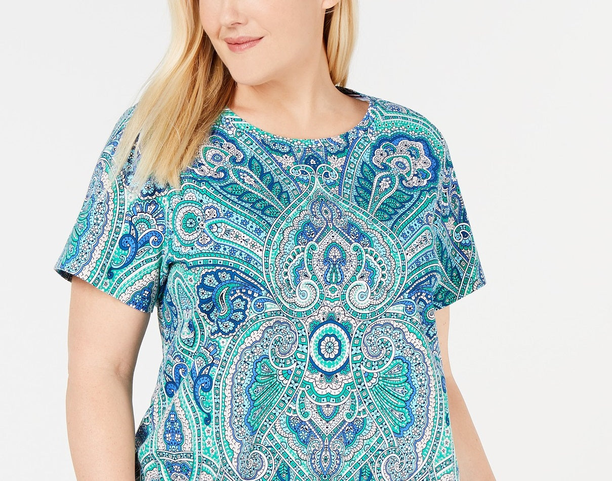Tommy Hilfiger Women's Plus Size Paisley-Print T-Shirt  Green Size 2X