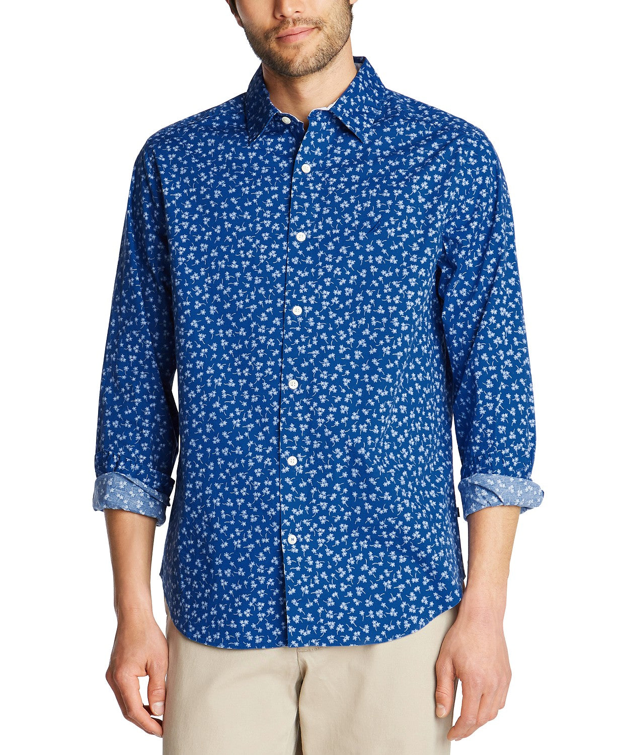 Nautica Men's Blue Sail Classic-Fit Stretch Floral-Print Poplin Shirt Blue Size 2 Extra Large