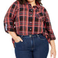 Tommy Hilfiger Women's Plus Size Plaid Button-Front Roll-Tab-Sleeve Cotton Top Red Size 0X
