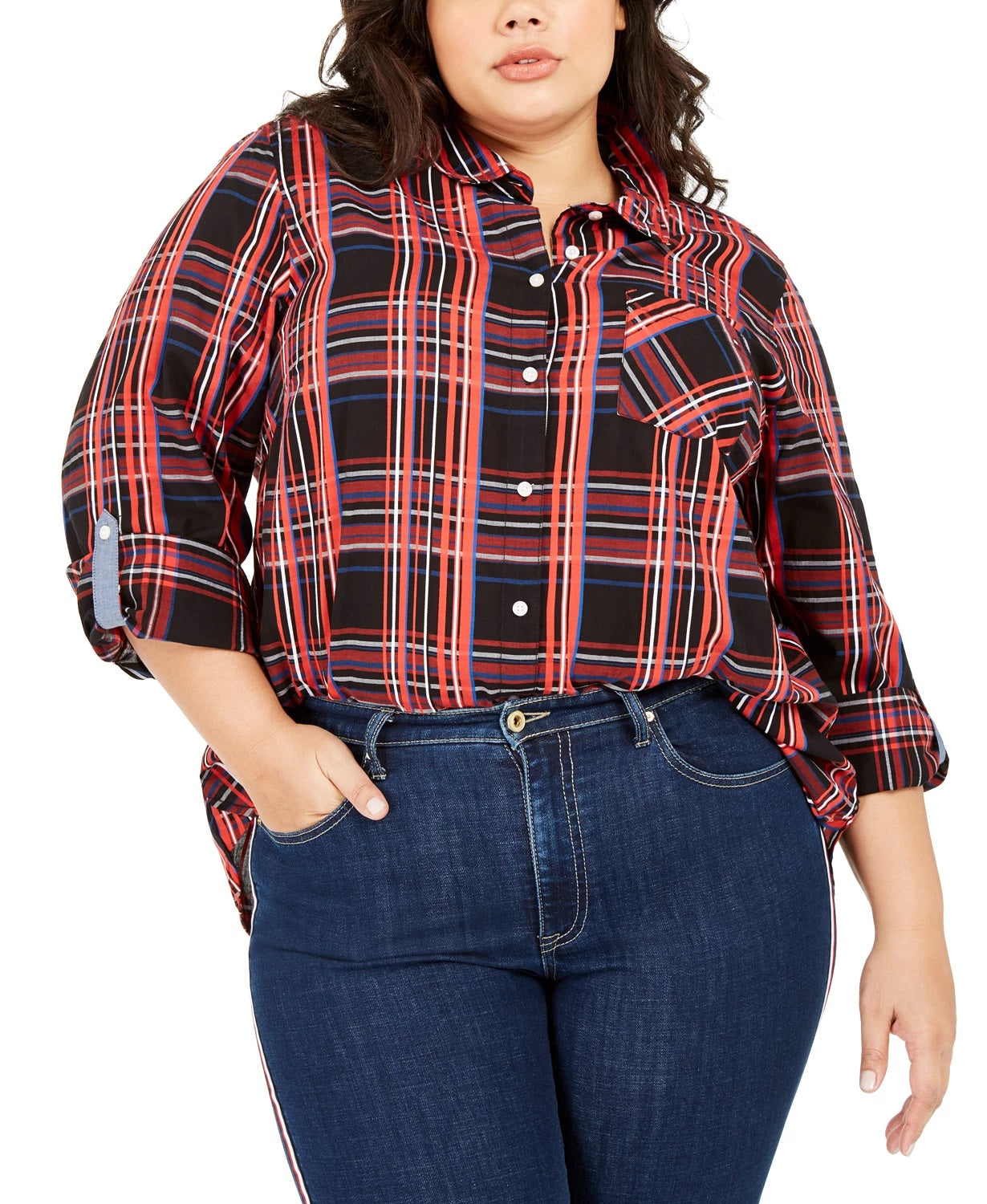 Tommy Hilfiger Women's Plus Size Plaid Button-Front Roll-Tab-Sleeve Cotton Top Red Size 0X