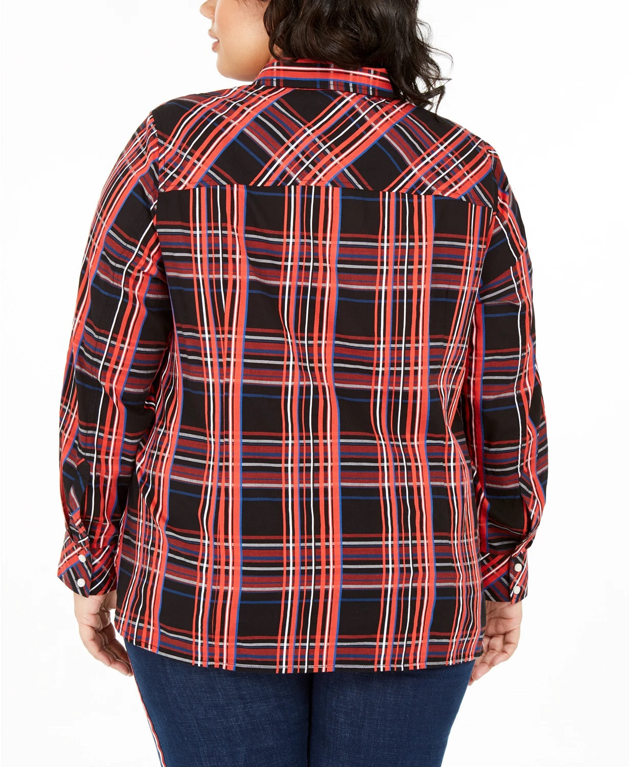 Tommy Hilfiger Women's Plus Size Plaid Button-Front Roll-Tab-Sleeve Cotton Top Red Size 0X