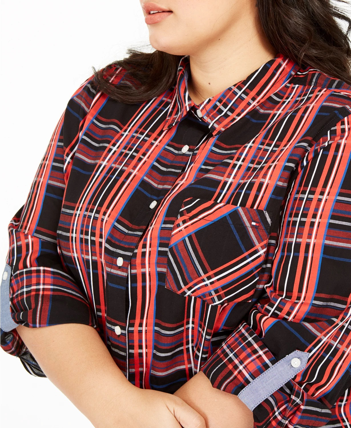 Tommy Hilfiger Women's Plus Size Plaid Button-Front Roll-Tab-Sleeve Cotton Top Red Size 0X