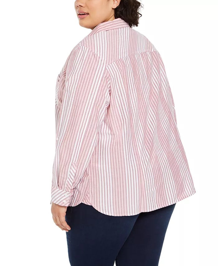 Tommy Hilfiger Women's Plus Size Striped Cotton Shirt Red Size 1X