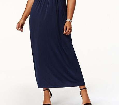 NY Collection Women's Plus Ruched Empire Maxi Dress Black Size 3X