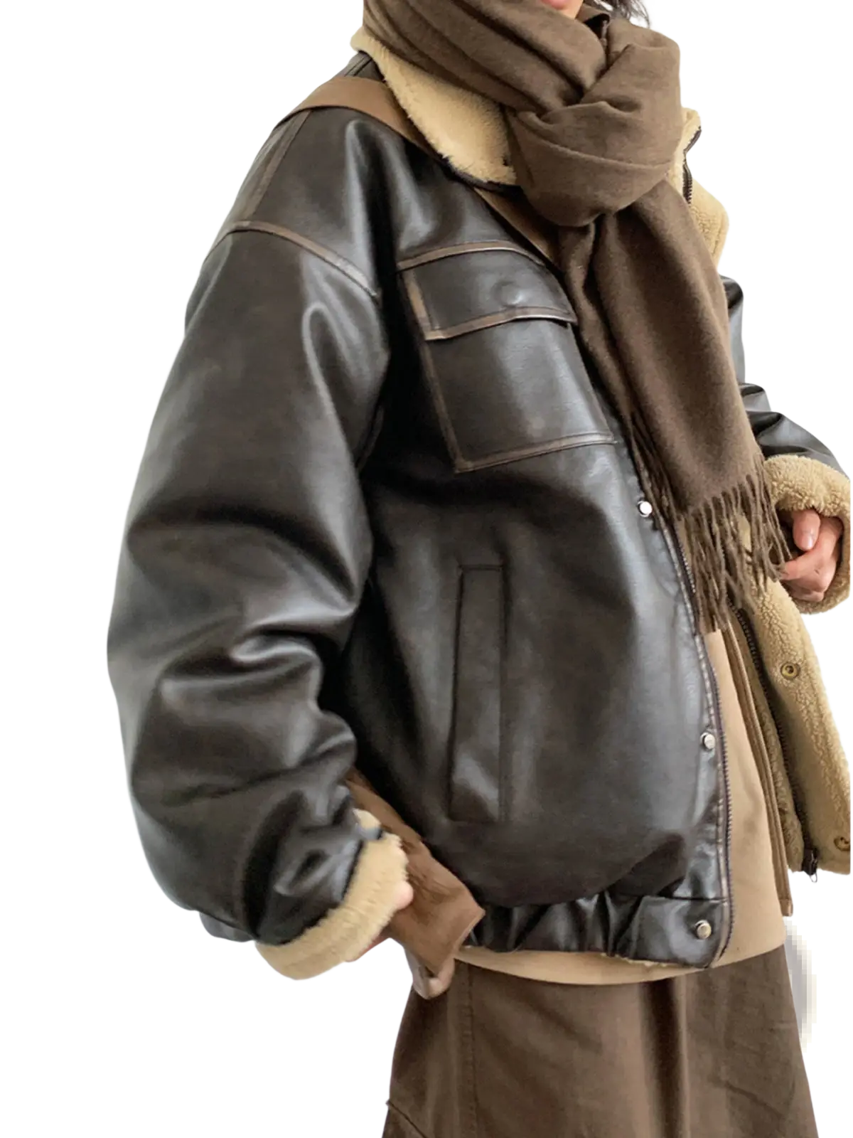 Maillard Leather Bomber Jacket with Shearling Lining